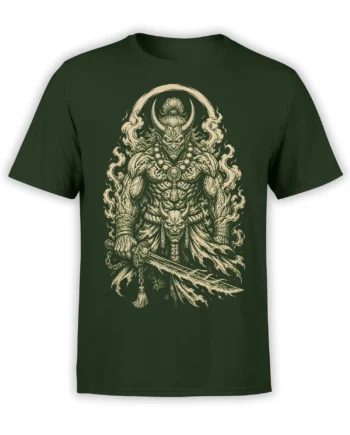 Horned monster warrior with beads and sword printed in cream on a dark green T-shirt