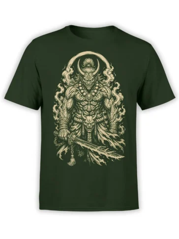 Horned monster warrior with beads and sword printed in cream on a dark green T-shirt