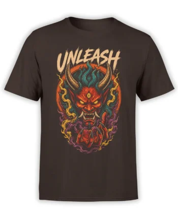 Brown T-shirt with a horned red demon, glowing eyes, colorful flames, and bold “UNLEASH” lettering