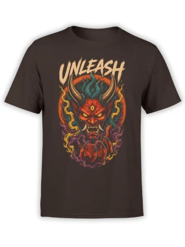 Brown T-shirt with a horned red demon, glowing eyes, colorful flames, and bold “UNLEASH” lettering
