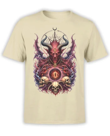 Beige T-shirt with a horned red demon, purple wings, skulls, and a blazing eye in dark fantasy artwork