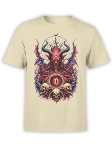 Beige T-shirt with a horned red demon, purple wings, skulls, and a blazing eye in dark fantasy artwork