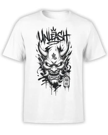 White T-shirt with black horned demon mask artwork, UNLEASH lettering, crown, and hanging sign