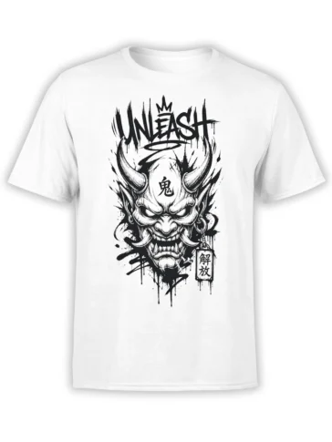 White T-shirt with black horned demon mask artwork, UNLEASH lettering, crown, and hanging sign