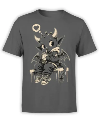 Cute horned demon with bat wings and bubble tea printed on a gray T-shirt