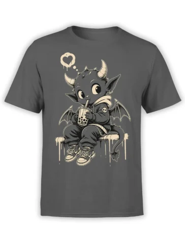 Cute horned demon with bat wings and bubble tea printed on a gray T-shirt