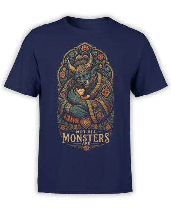 Front view of a navy monster T-shirt with a horned creature holding a sleeping child in a floral frame