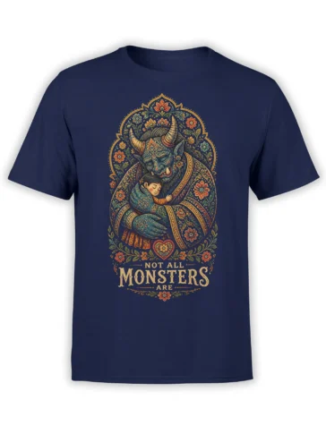 Front view of a navy monster T-shirt with a horned creature holding a sleeping child in a floral frame