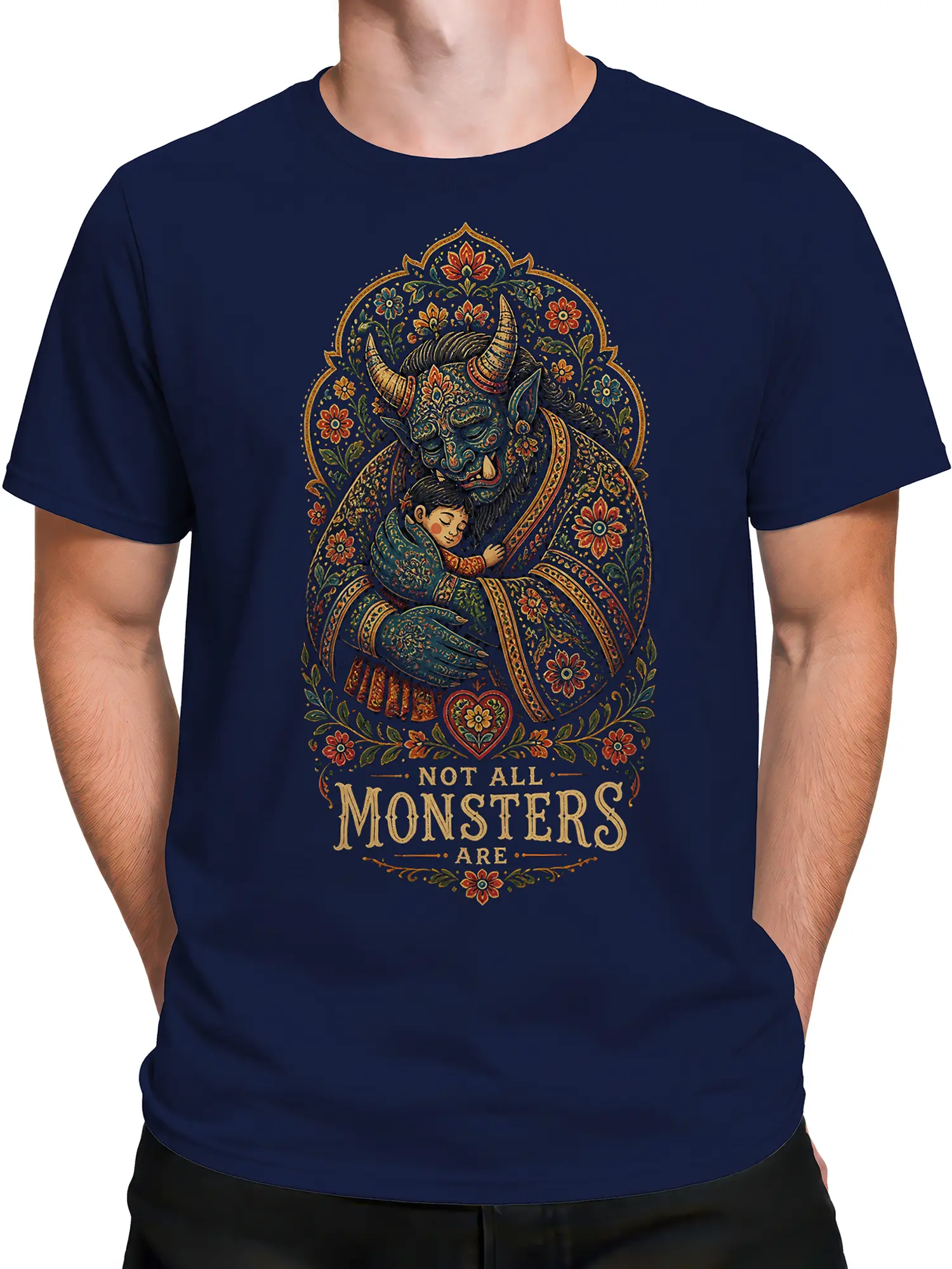 Male torso wearing a navy fantasy T-shirt with a horned creature holding a sleeping child