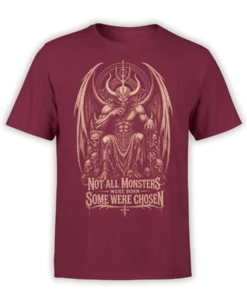 Horned winged demon and skulls printed on a red dark fantasy T-shirt with gothic lettering