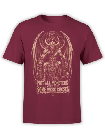 Horned winged demon and skulls printed on a red dark fantasy T-shirt with gothic lettering