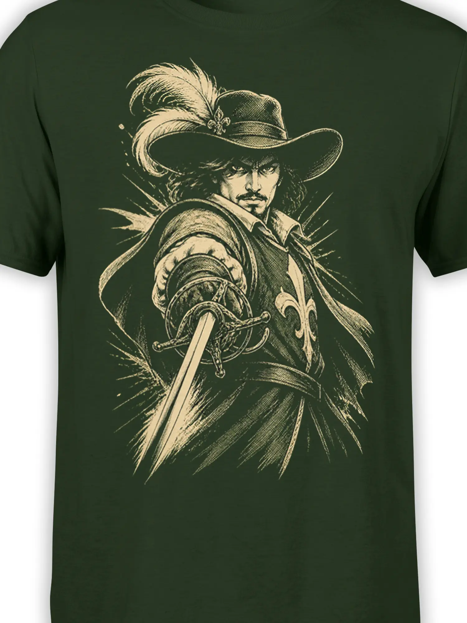 Close-up of feathered musketeer artwork and ornate sword on green T-shirt