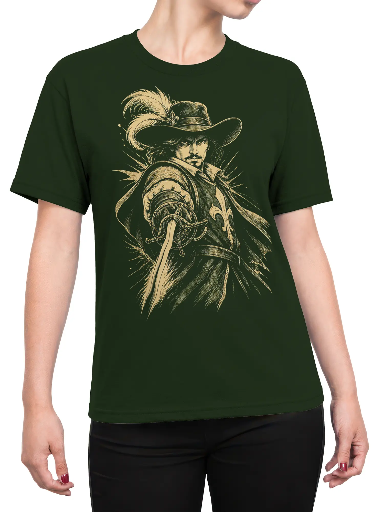 Female torso wearing a green T-shirt with feathered swordsman fantasy artwork