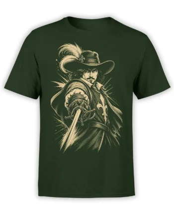 Feathered-hat swordsman with ornate sword on a dark green fantasy T-shirt