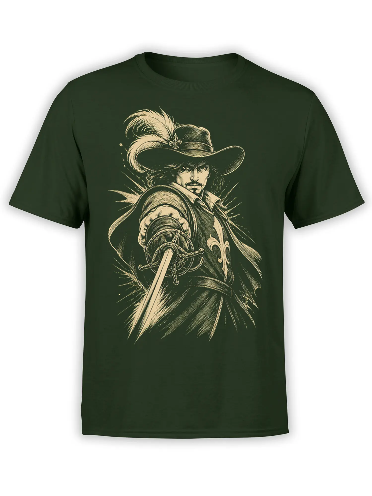 Feathered-hat swordsman with ornate sword on a dark green fantasy T-shirt