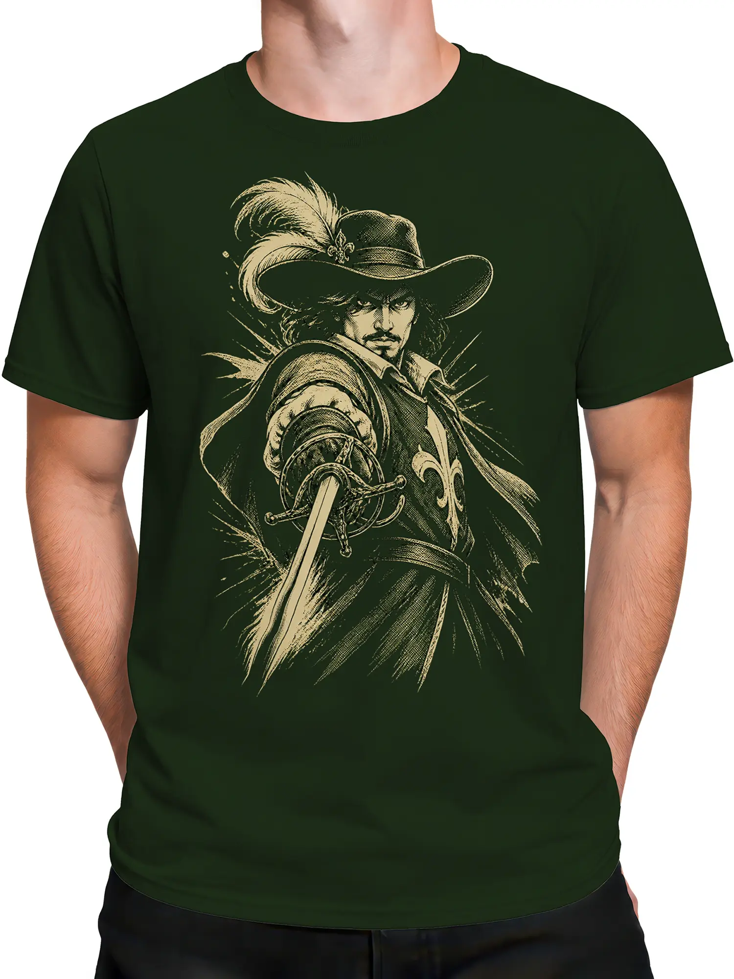 Male torso wearing a green T-shirt with vintage musketeer sword artwork