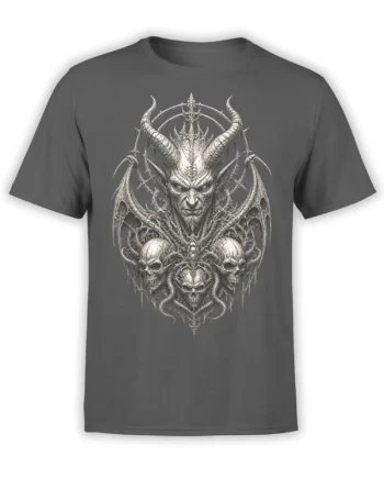 Gray T-shirt with a detailed horned demon, bat-like wings, and three skulls in monochrome artwork