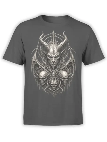 Gray T-shirt with a detailed horned demon, bat-like wings, and three skulls in monochrome artwork