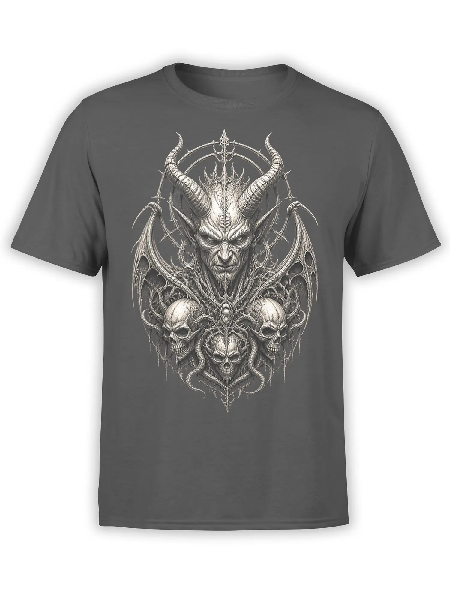 Gray T-shirt with a detailed horned demon, bat-like wings, and three skulls in monochrome artwork