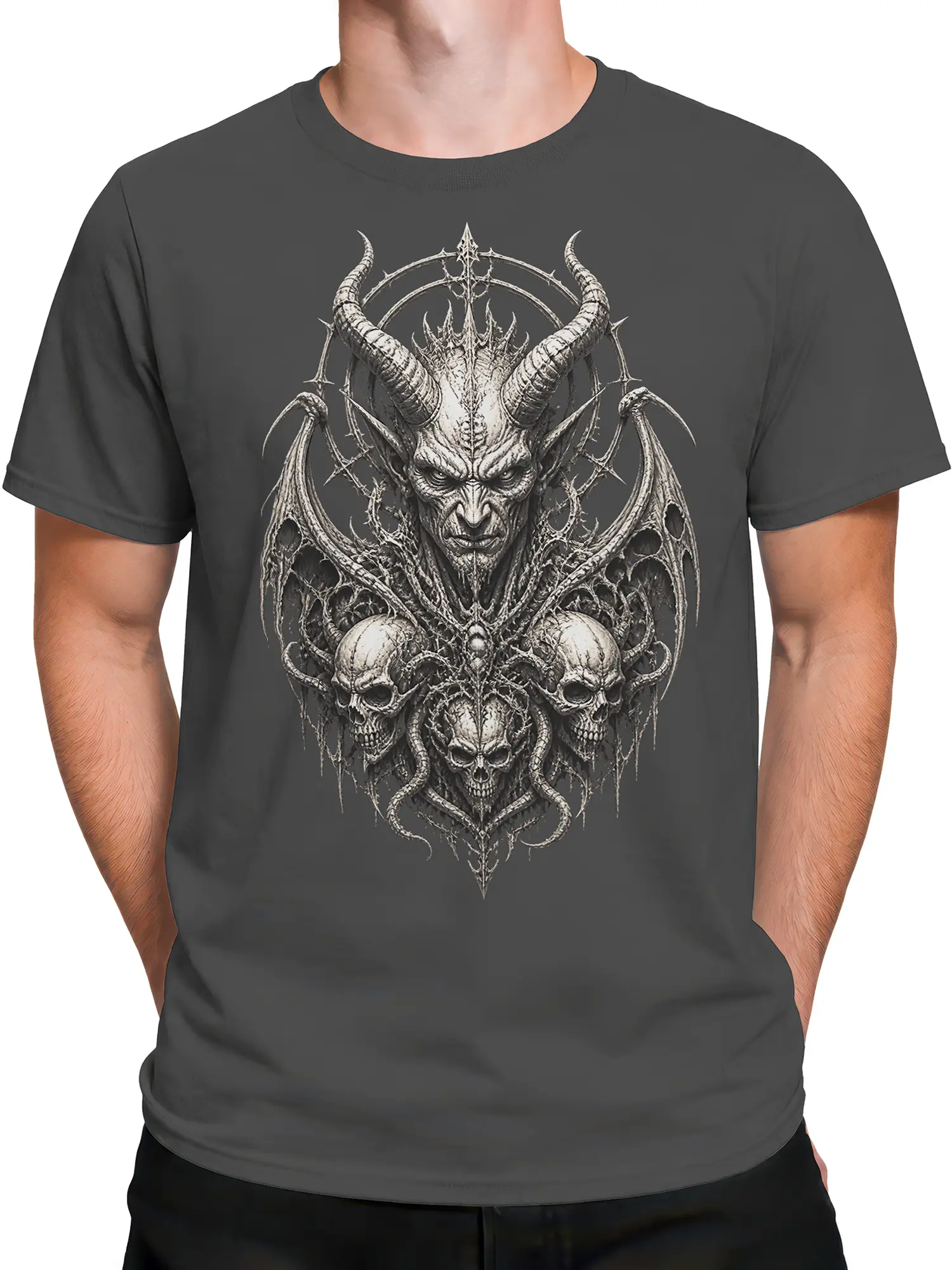 Male torso wearing a gray gothic T-shirt with horned demon and three skull artwork