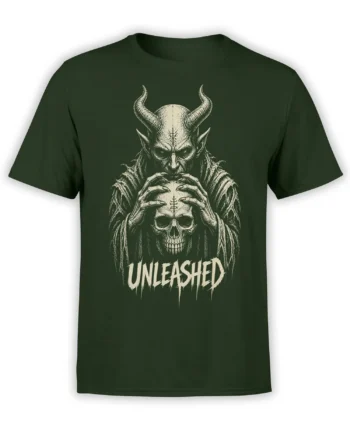 Dark green demon T-shirt with a horned creature holding a skull above distressed UNLEASHED lettering