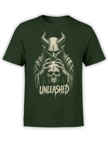 Dark green demon T-shirt with a horned creature holding a skull above distressed UNLEASHED lettering