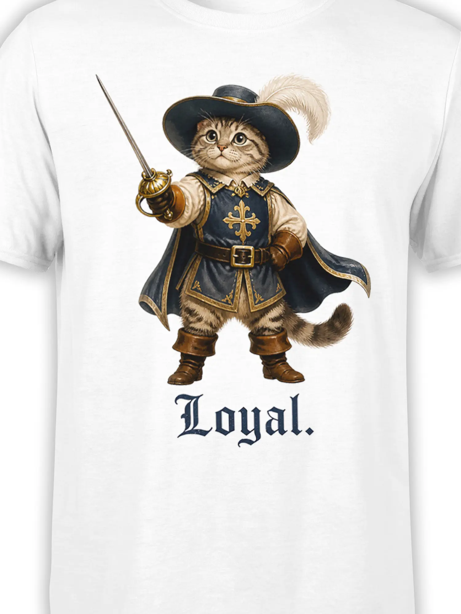 Close-up of the musketeer cat graphic, showing the sword, feathered hat, navy coat, and gold trim