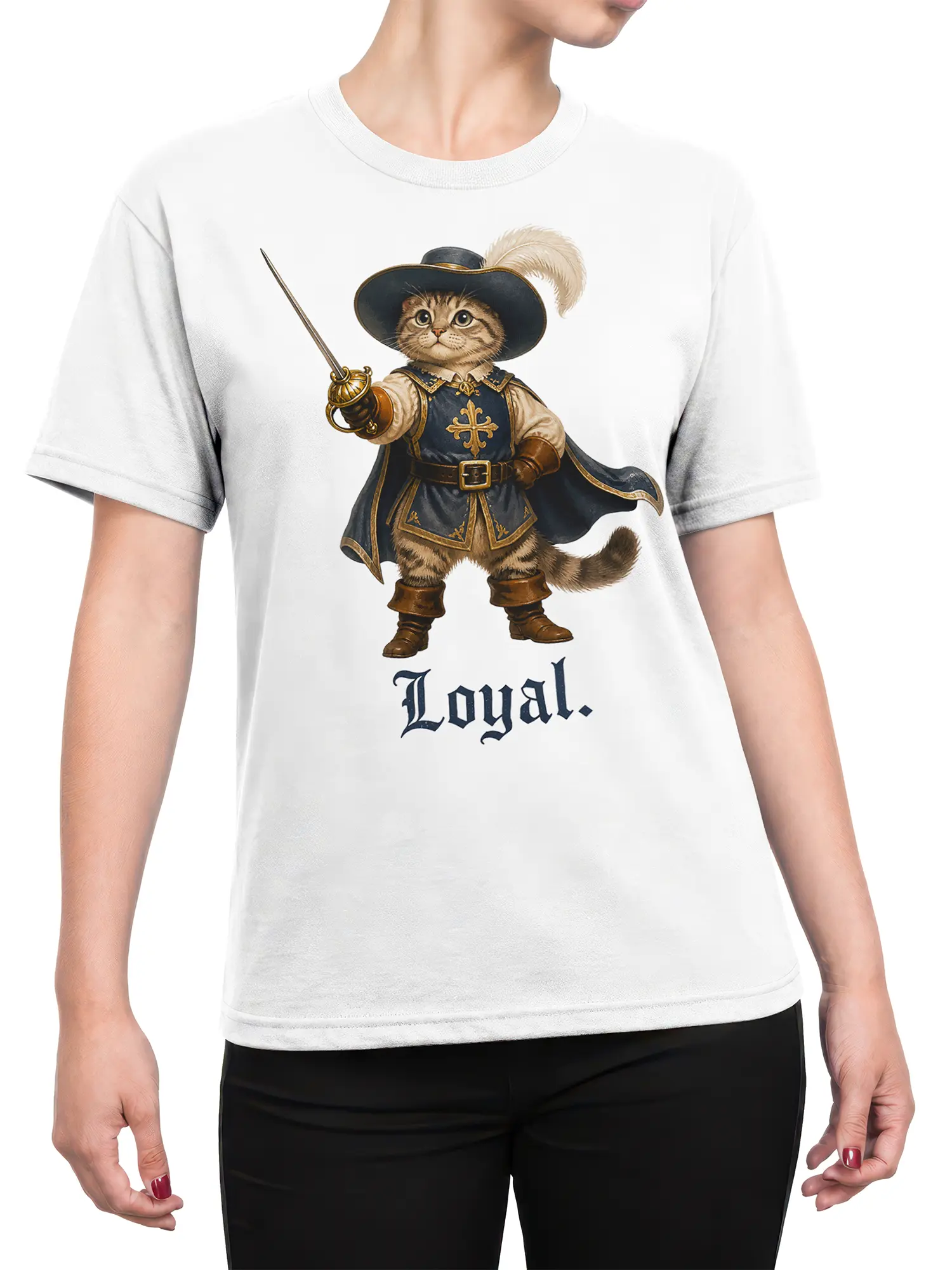 Female torso wearing a white T-shirt with a loyal sword-wielding musketeer cat design