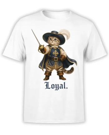 White T-shirt with a loyal musketeer cat holding a sword beneath bold old-style lettering