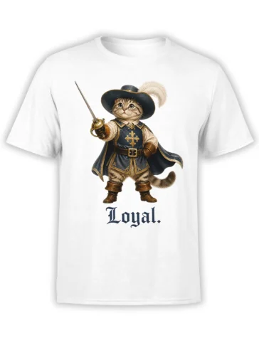 White T-shirt with a loyal musketeer cat holding a sword beneath bold old-style lettering