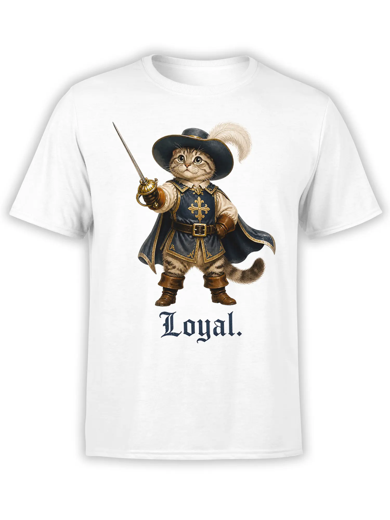 White T-shirt with a loyal musketeer cat holding a sword beneath bold old-style lettering