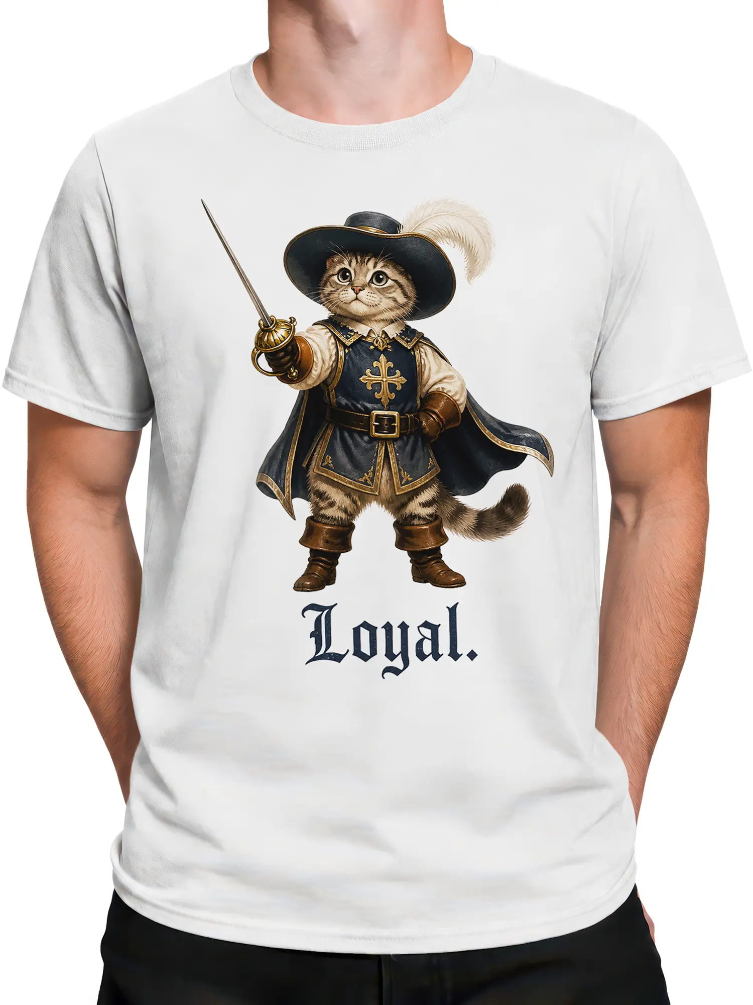 Male torso wearing a white T-shirt with a vintage musketeer cat and sword graphic