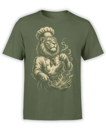Vintage lion chef holding a steaming bowl printed on an olive green T-shirt