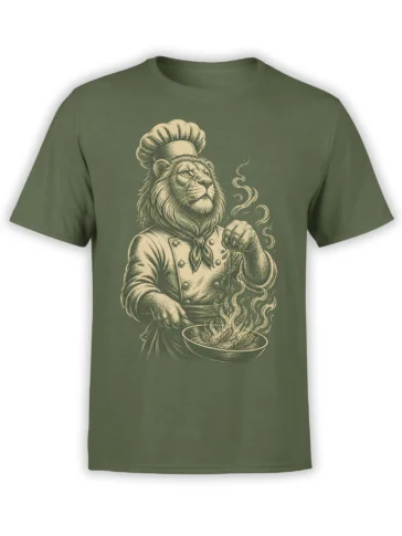 Vintage lion chef holding a steaming bowl printed on an olive green T-shirt