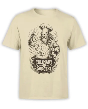 Beige chef t-shirt with a vintage chef stirring a cauldron labeled Culinary Sorcery