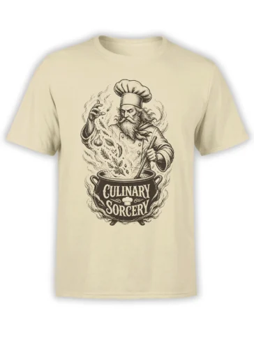 Beige chef t-shirt with a vintage chef stirring a cauldron labeled Culinary Sorcery