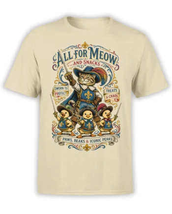 Beige cat and duck musketeer T-shirt with swords, feathered hats, ornate lettering, and vintage animal artwork
