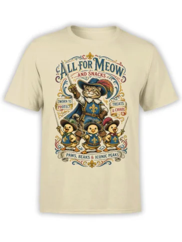Beige cat and duck musketeer T-shirt with swords, feathered hats, ornate lettering, and vintage animal artwork