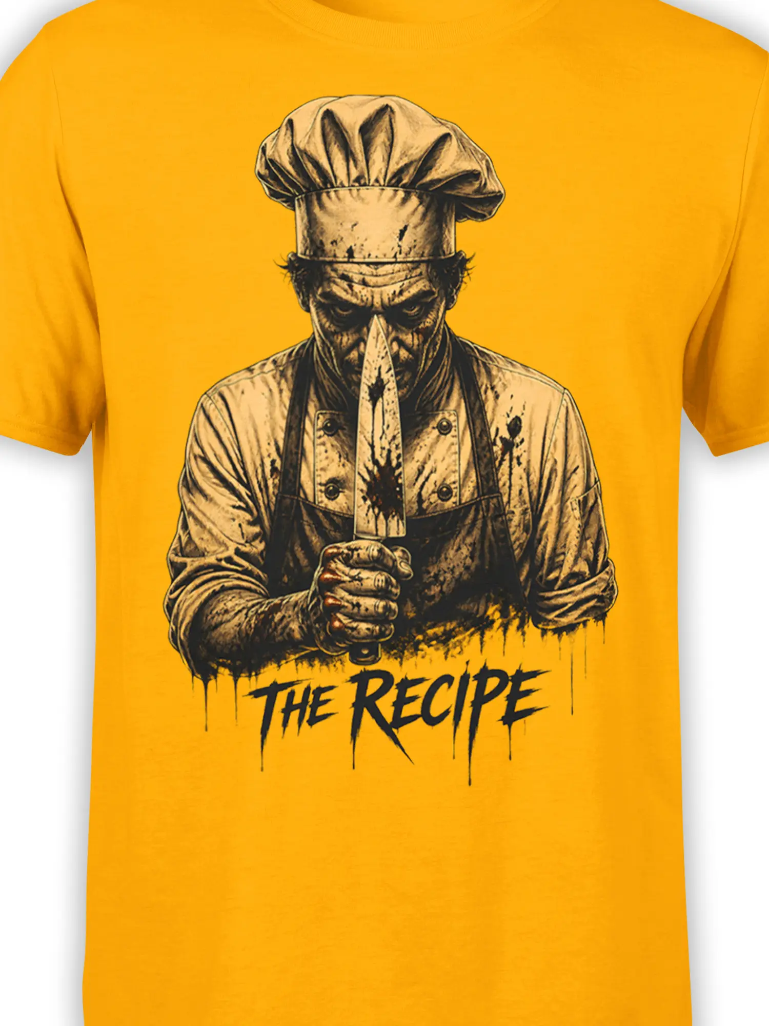 Close-up of the masked chef, knife, and “The Recipe” artwork printed on a yellow T-shirt