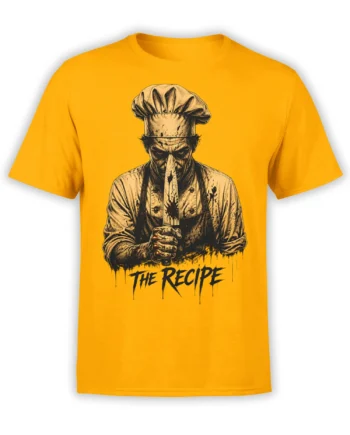 Sinister masked chef holding a large knife with “The Recipe” text on a yellow T-shirt