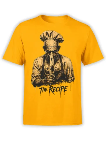 Sinister masked chef holding a large knife with “The Recipe” text on a yellow T-shirt