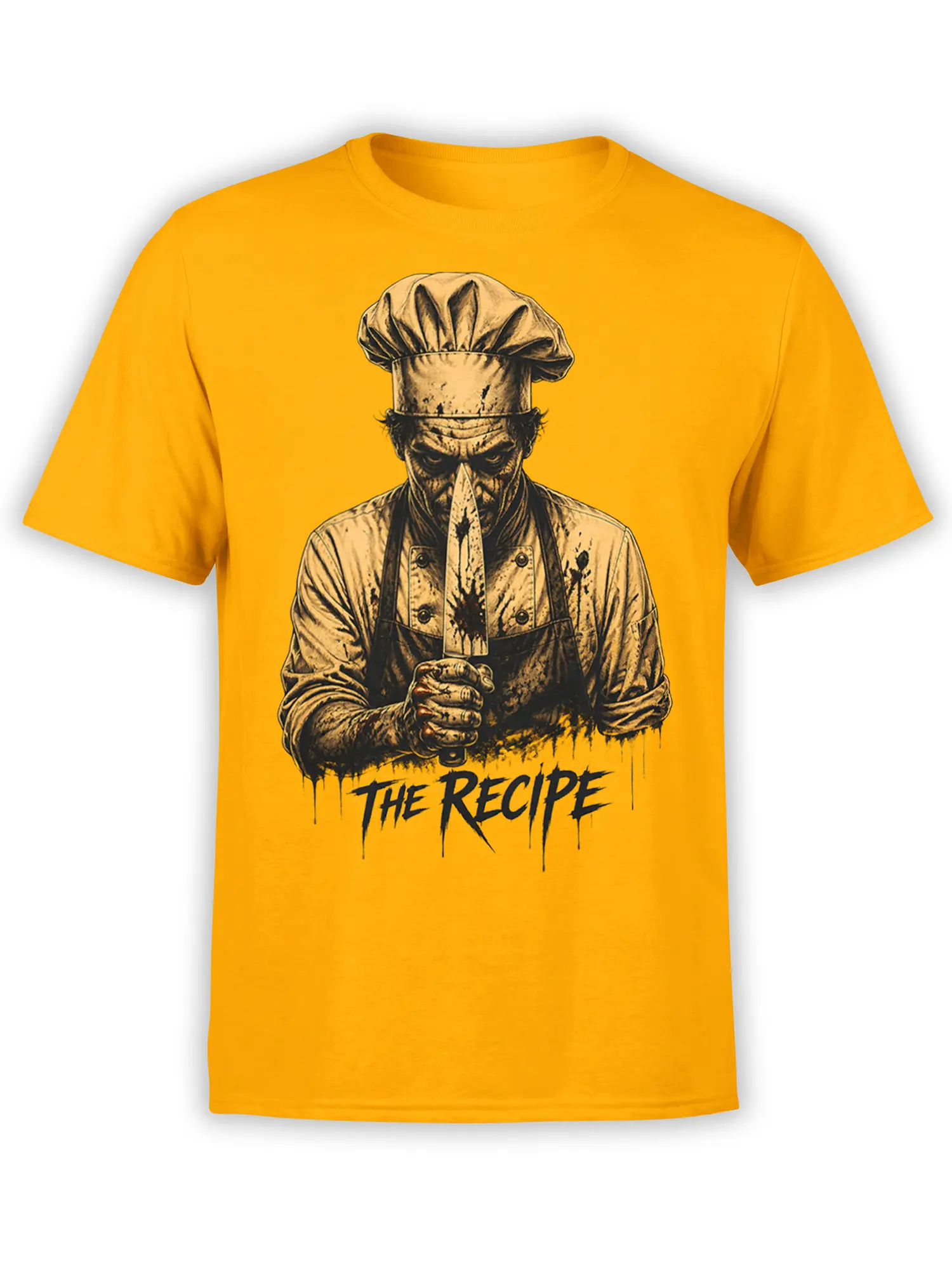 Sinister masked chef holding a large knife with “The Recipe” text on a yellow T-shirt