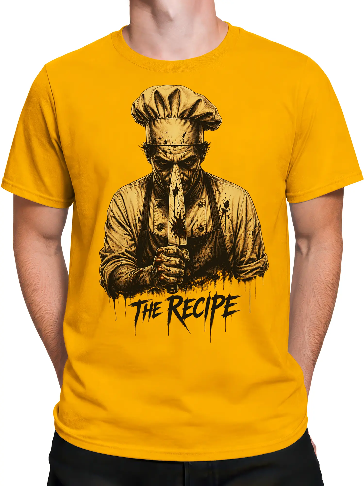 Male torso wearing a yellow T-shirt with masked chef, knife, and “The Recipe” design