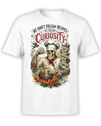 White T-shirt with chef skeleton stirring a steaming pot, flames, flowers, hummingbird, and bold curiosity lettering