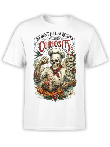 White T-shirt with chef skeleton stirring a steaming pot, flames, flowers, hummingbird, and bold curiosity lettering