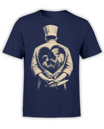 Vintage chef illustration with a heart-shaped scene of a chef feeding a child on a navy T-shirt