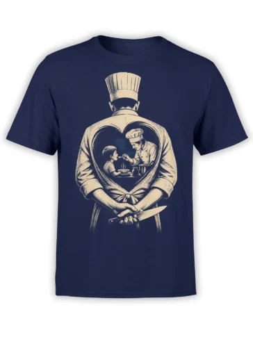 Vintage chef illustration with a heart-shaped scene of a chef feeding a child on a navy T-shirt