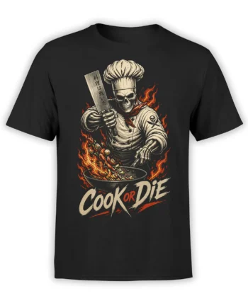 Black T-shirt featuring a flaming skeleton chef, cleaver, pan, and bold “Cook or Die” lettering