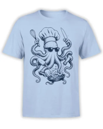 Light blue T-shirt with a sunglasses-wearing octopus chef using kitchen tools around a cooking pan