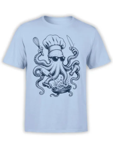 Light blue T-shirt with a sunglasses-wearing octopus chef using kitchen tools around a cooking pan